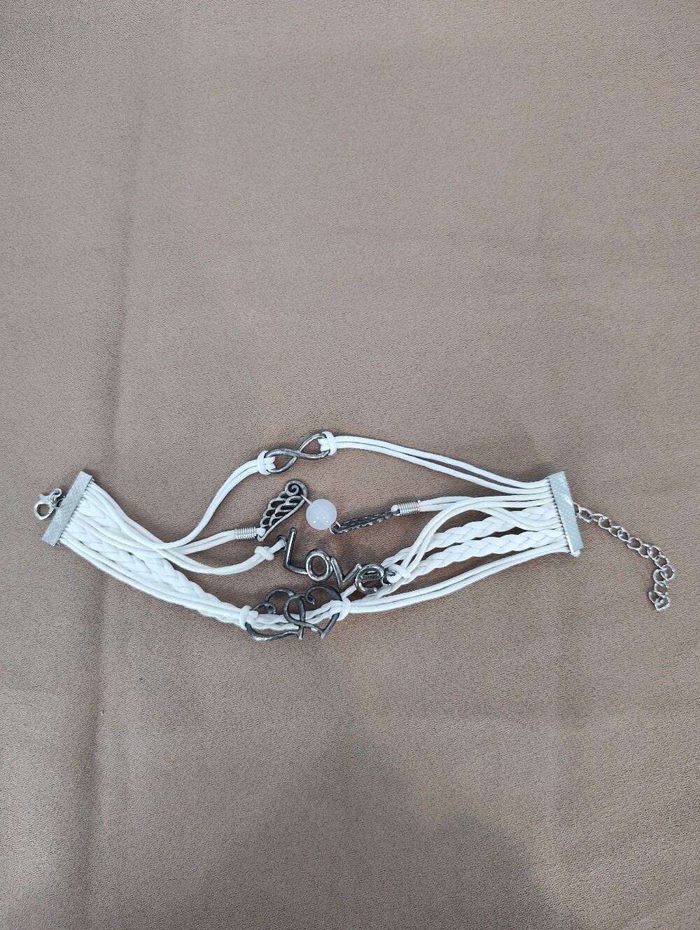 White Multi-Strand Charm Bracelet with Love & Wing Accents